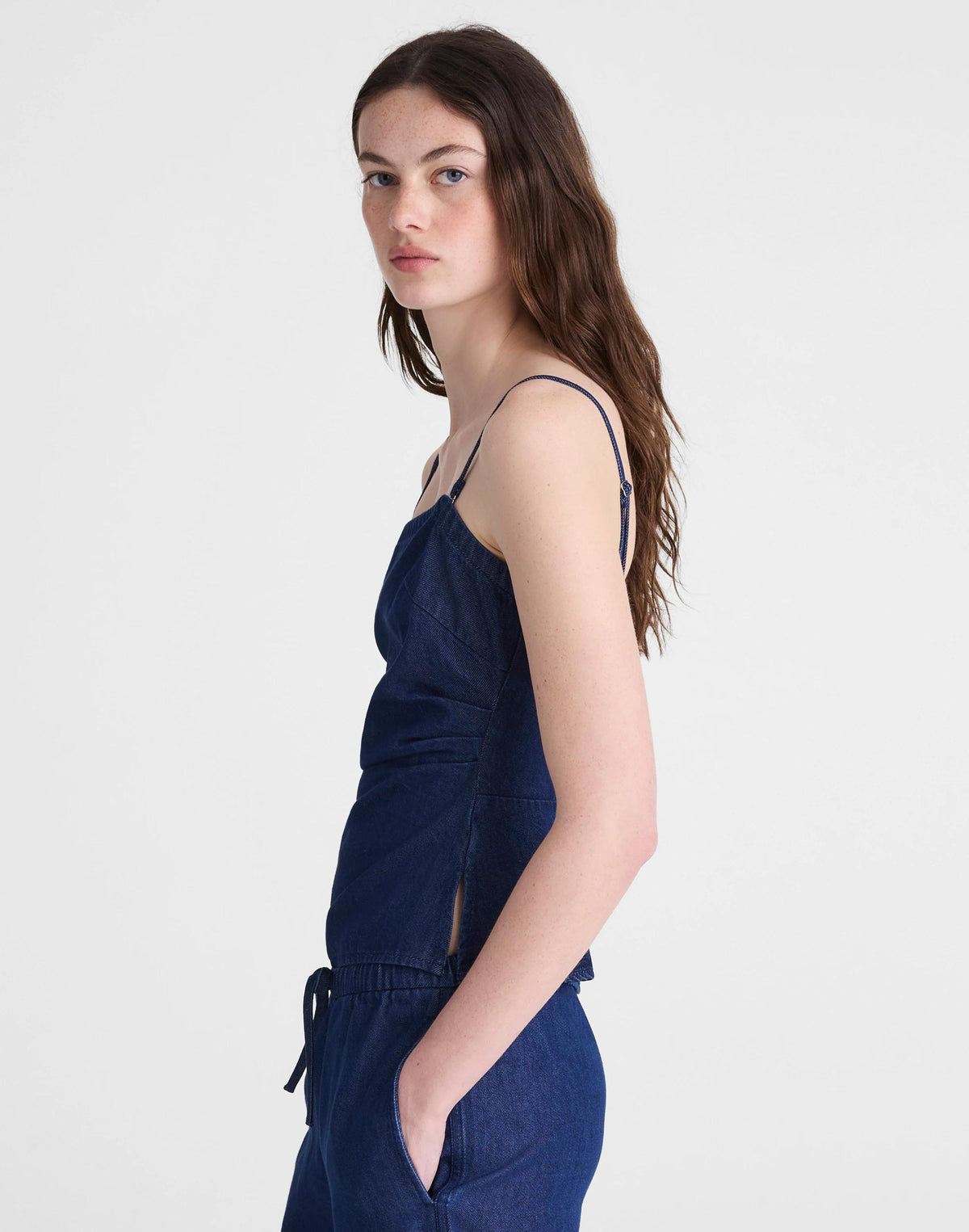 Madewell Airy Denim Ruched Squareneck Tank Nostalgic Blue