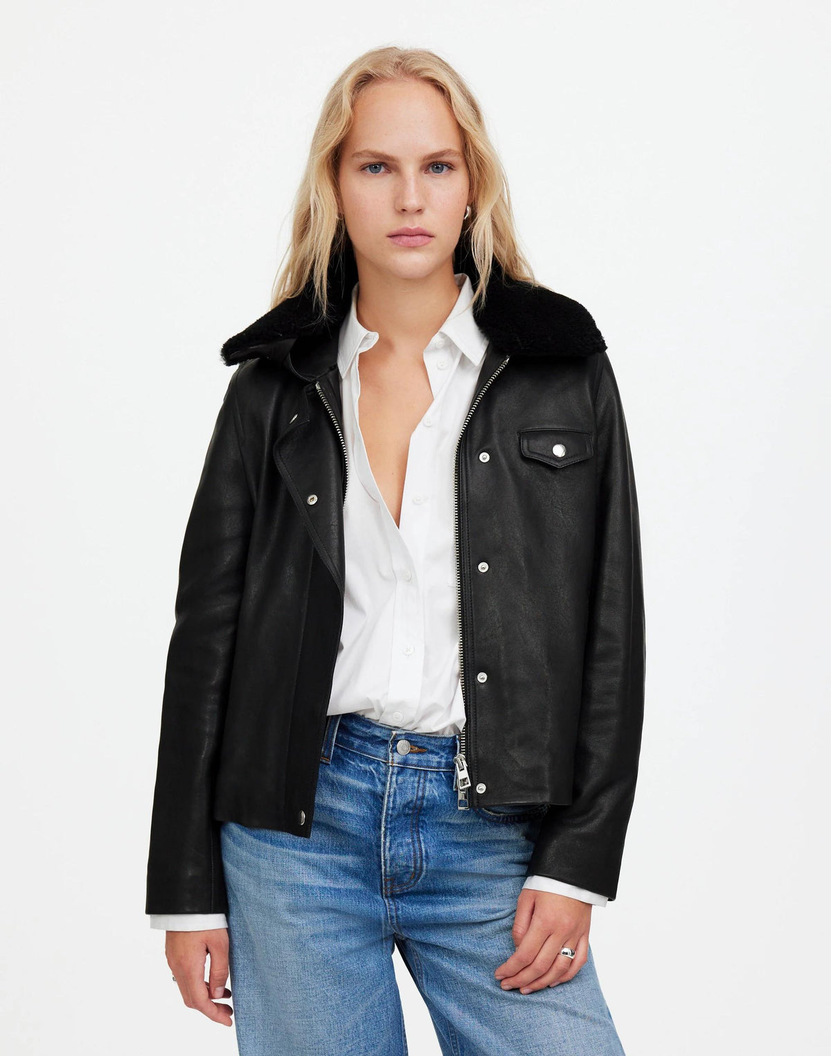 Madewell Sherpa-Collar Asymmetric Zip-Front Jacket in Leather True Black