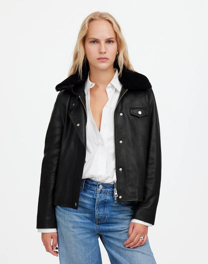 Madewell Sherpa-Collar Asymmetric Zip-Front Jacket in Leather True Black