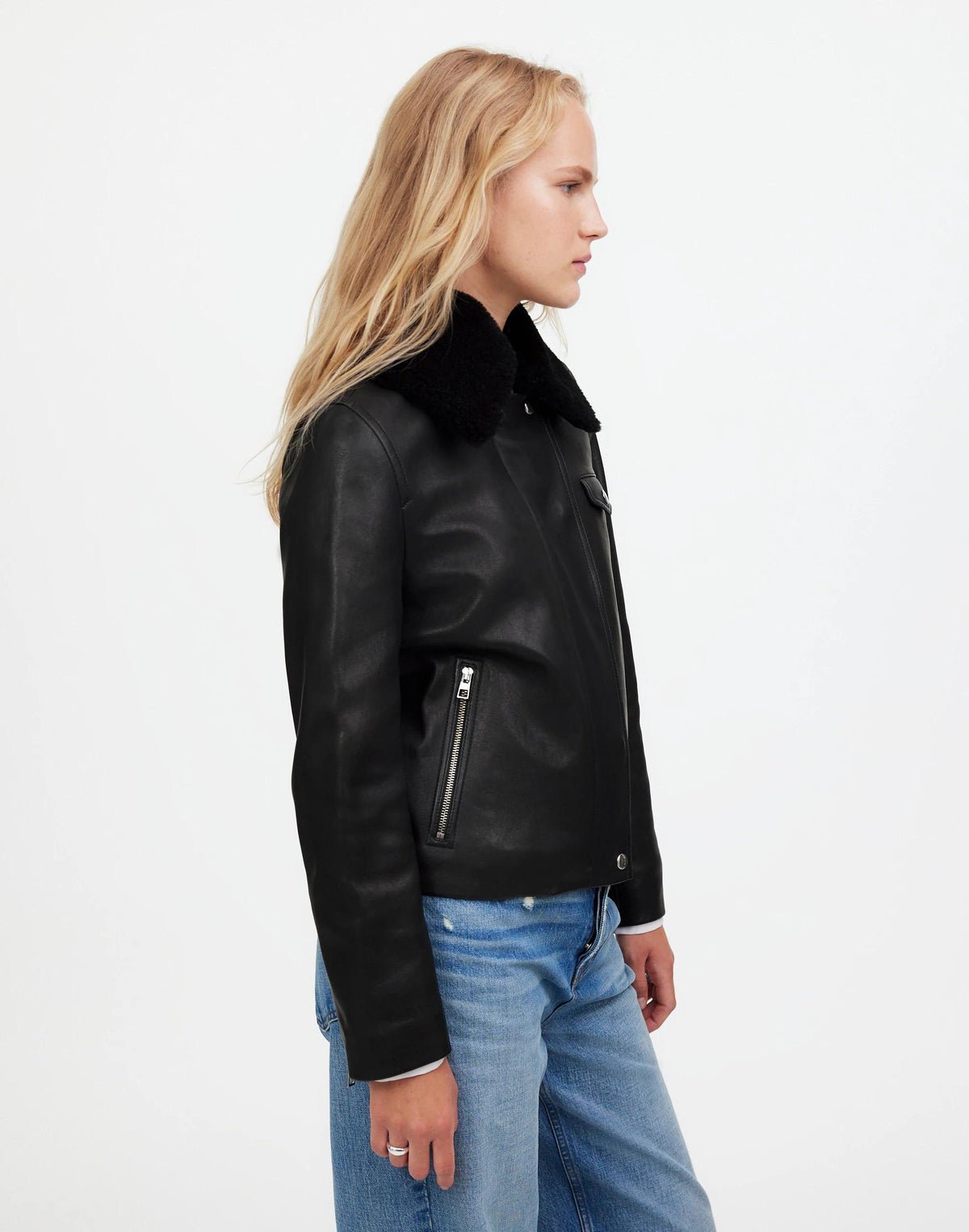 Madewell Sherpa-Collar Asymmetric Zip-Front Jacket in Leather True Black