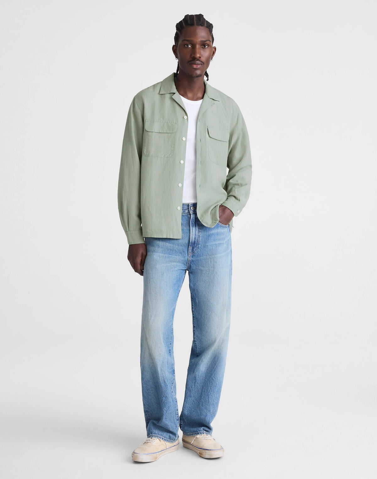 Madewell The Long-Sleeve Camp Shirt in Archive Linen Blend Frosted Cement