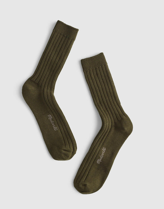 Madewell Ribbed Crew Socks in Cotton Olive Heather