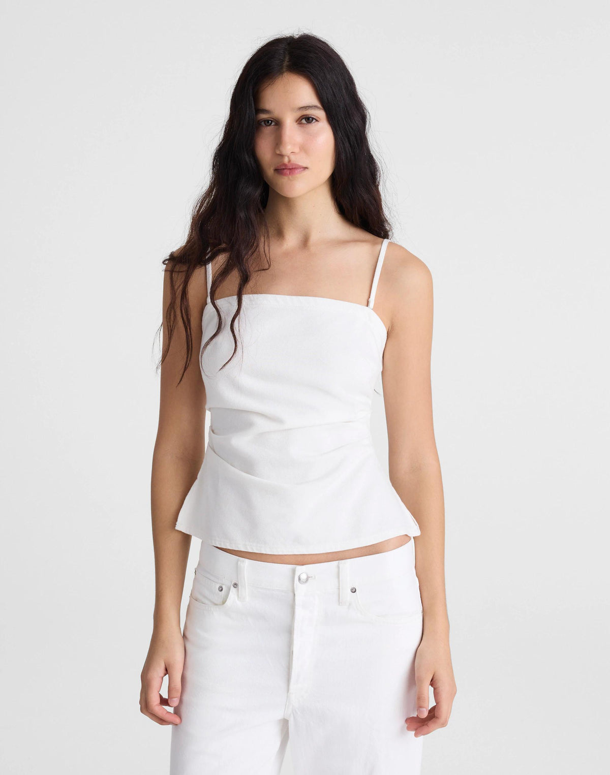 Madewell Airy Denim Ruched Squareneck Tank Tile White