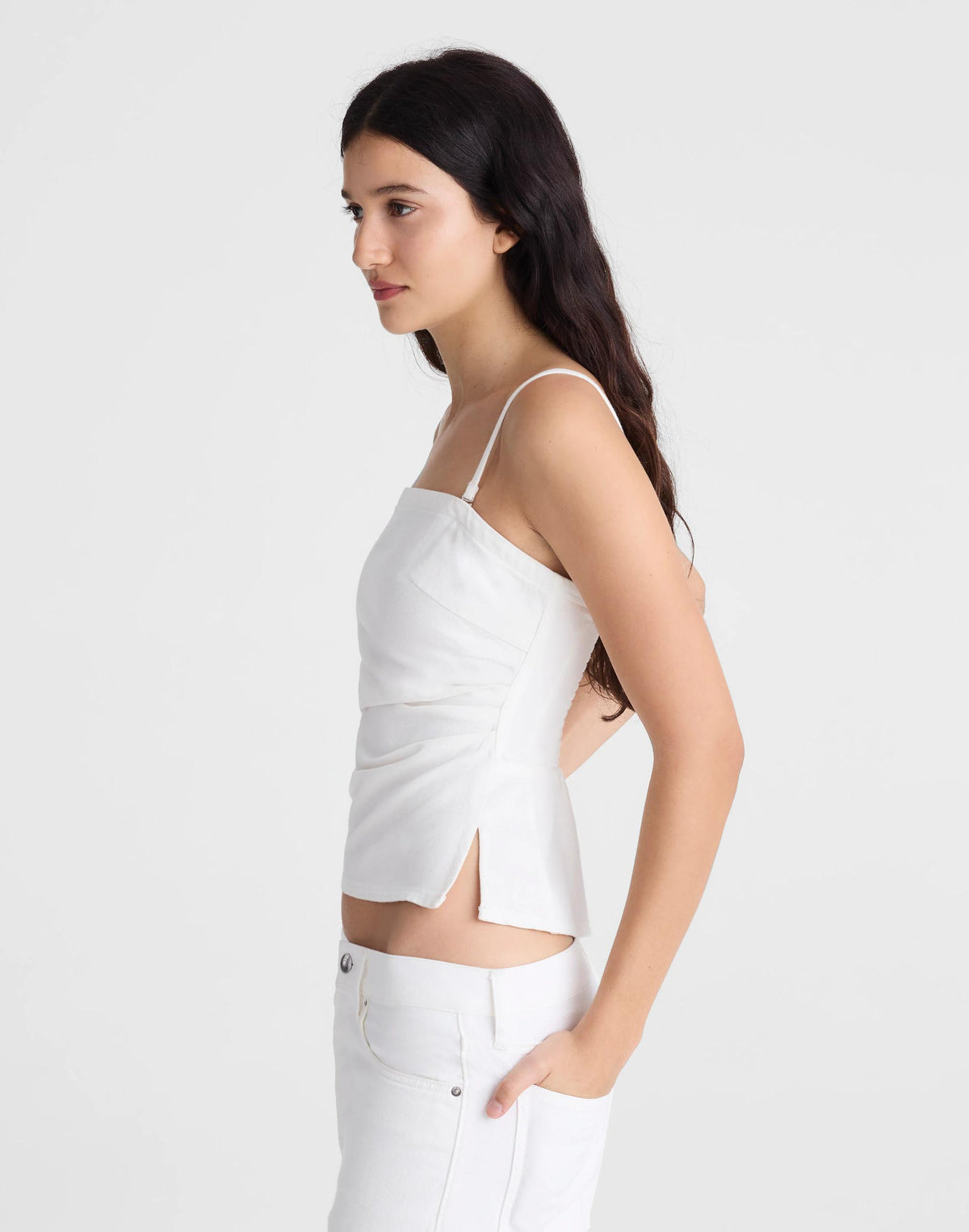 Madewell Airy Denim Ruched Squareneck Tank Tile White