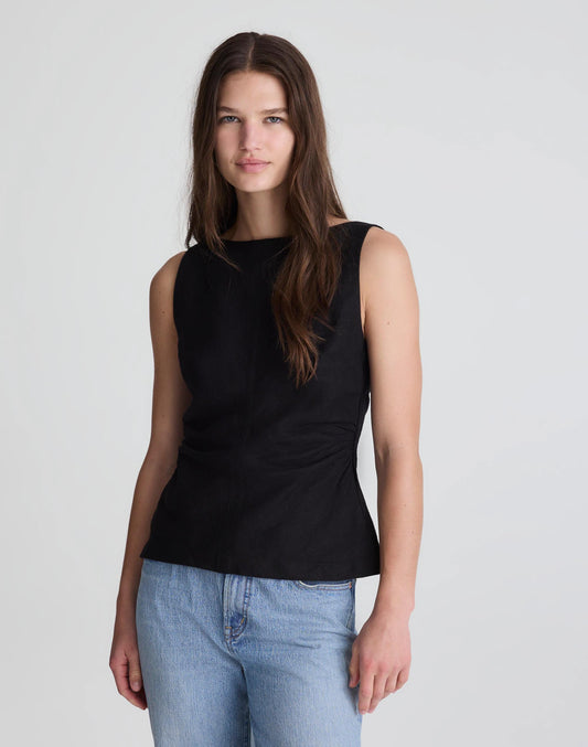 Madewell Cinched Boatneck Sleeveless Top in 100% Linen Jet Black