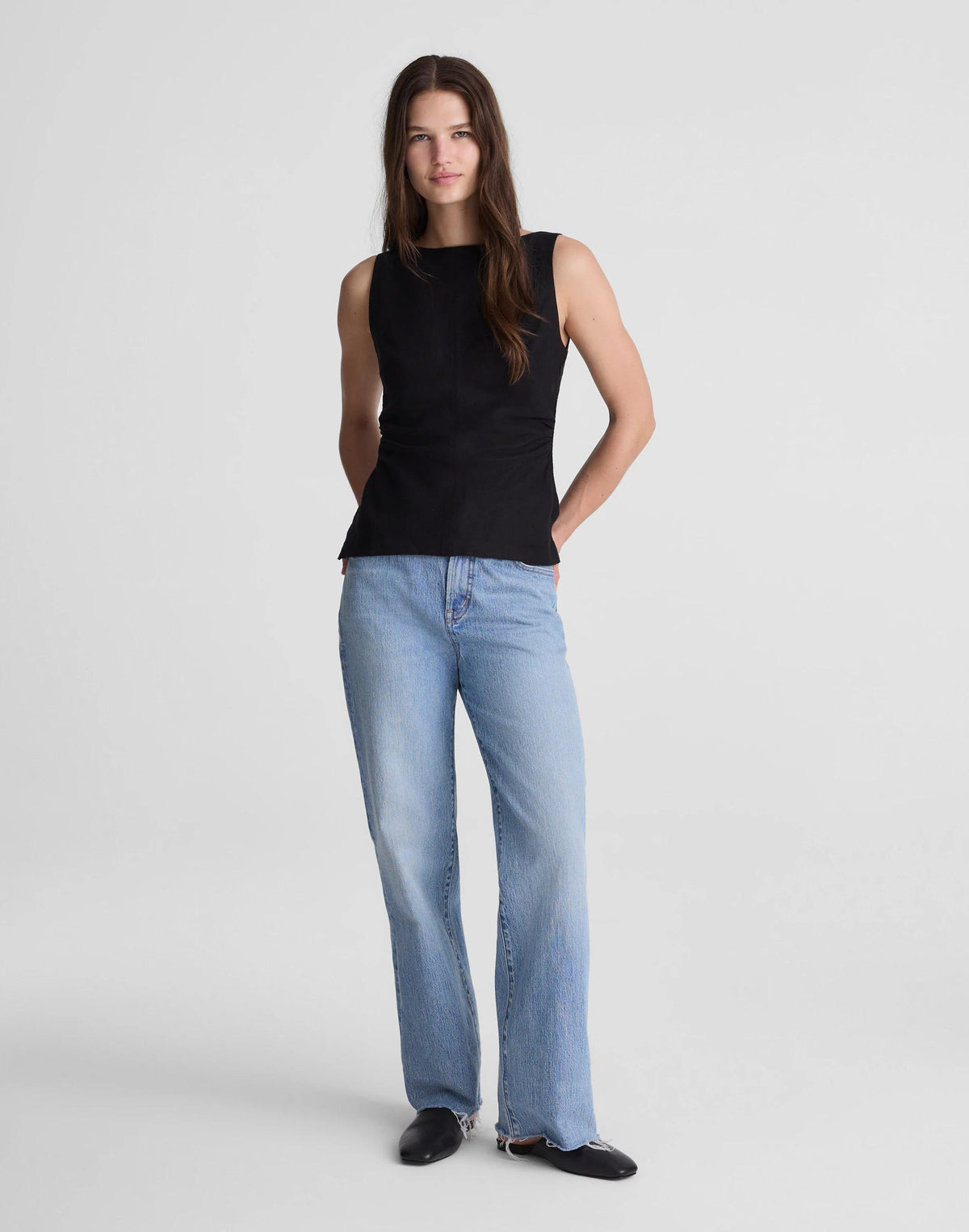 Madewell Cinched Boatneck Sleeveless Top in 100% Linen Jet Black