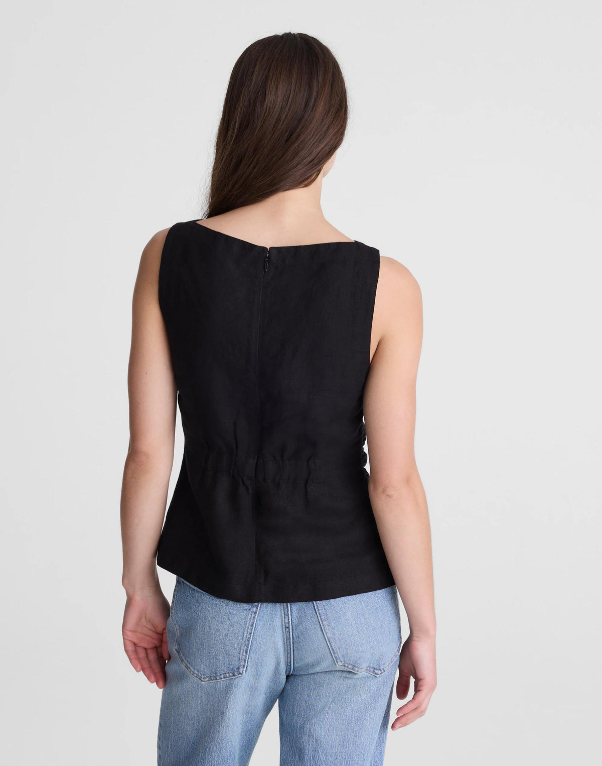 Madewell Cinched Boatneck Sleeveless Top in 100% Linen Jet Black