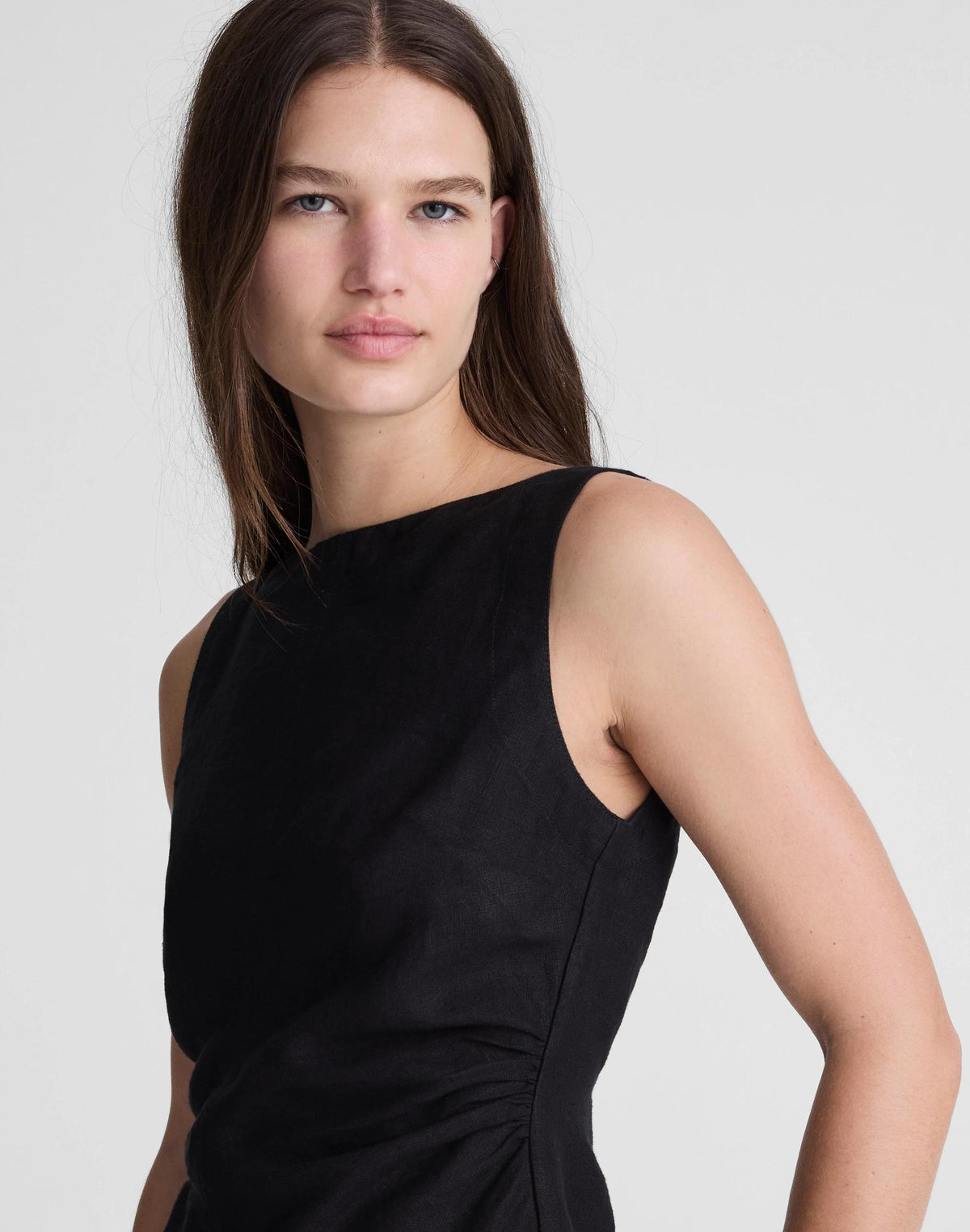 Madewell Cinched Boatneck Sleeveless Top in 100% Linen Jet Black
