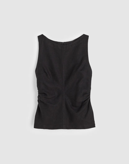Madewell Cinched Boatneck Sleeveless Top in 100% Linen Jet Black